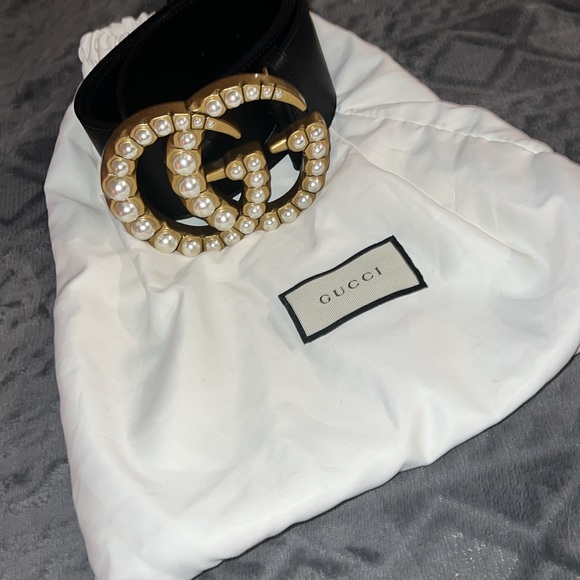 GUCCI Pearly GG Marmont Belt Leather Wide 90 Black - Picture 6 of 7